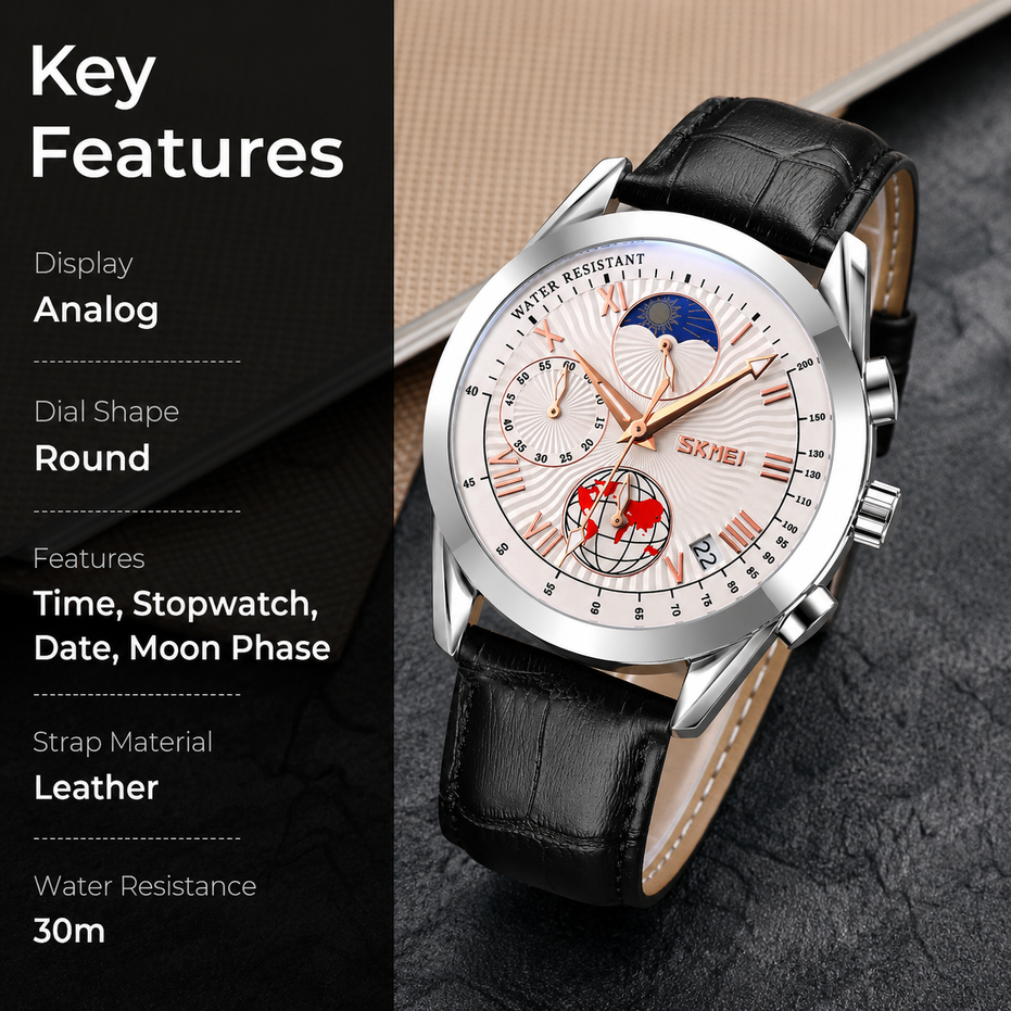 Analog Watch for Men with Silver - Silver Leather Strap and Round Dial for Casual & Formal Wear