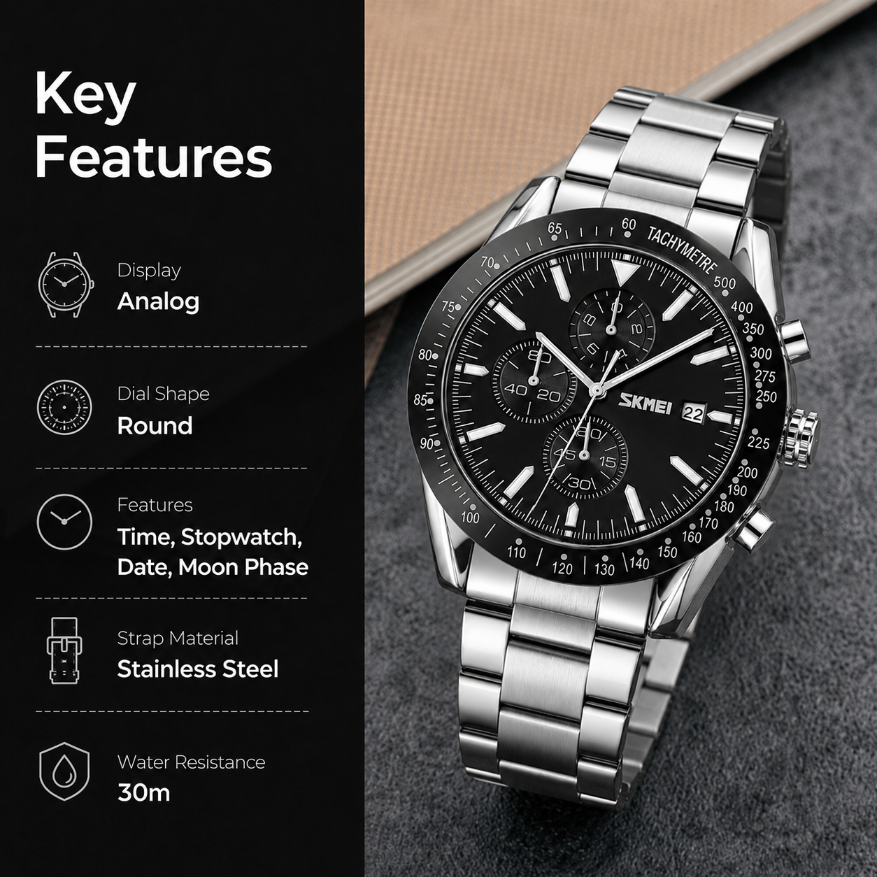 Sporty Analog Chronograph Wrist Watch with Flexible Strap For Men