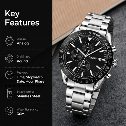 Sporty Analog Chronograph Wrist Watch with Flexible Strap For Men