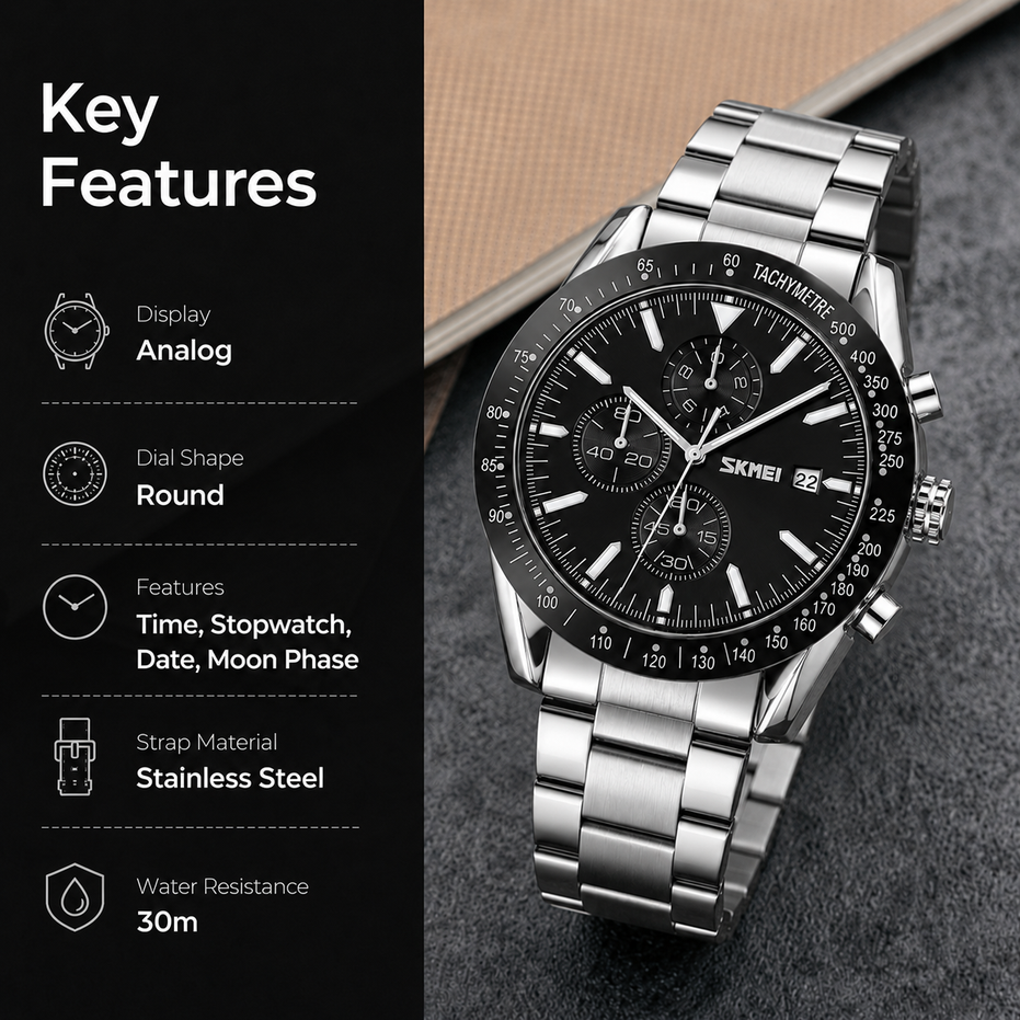 Analog Watch for Men with Silver Black Metal Strap and Round Dial for Casual & Formal Wear
