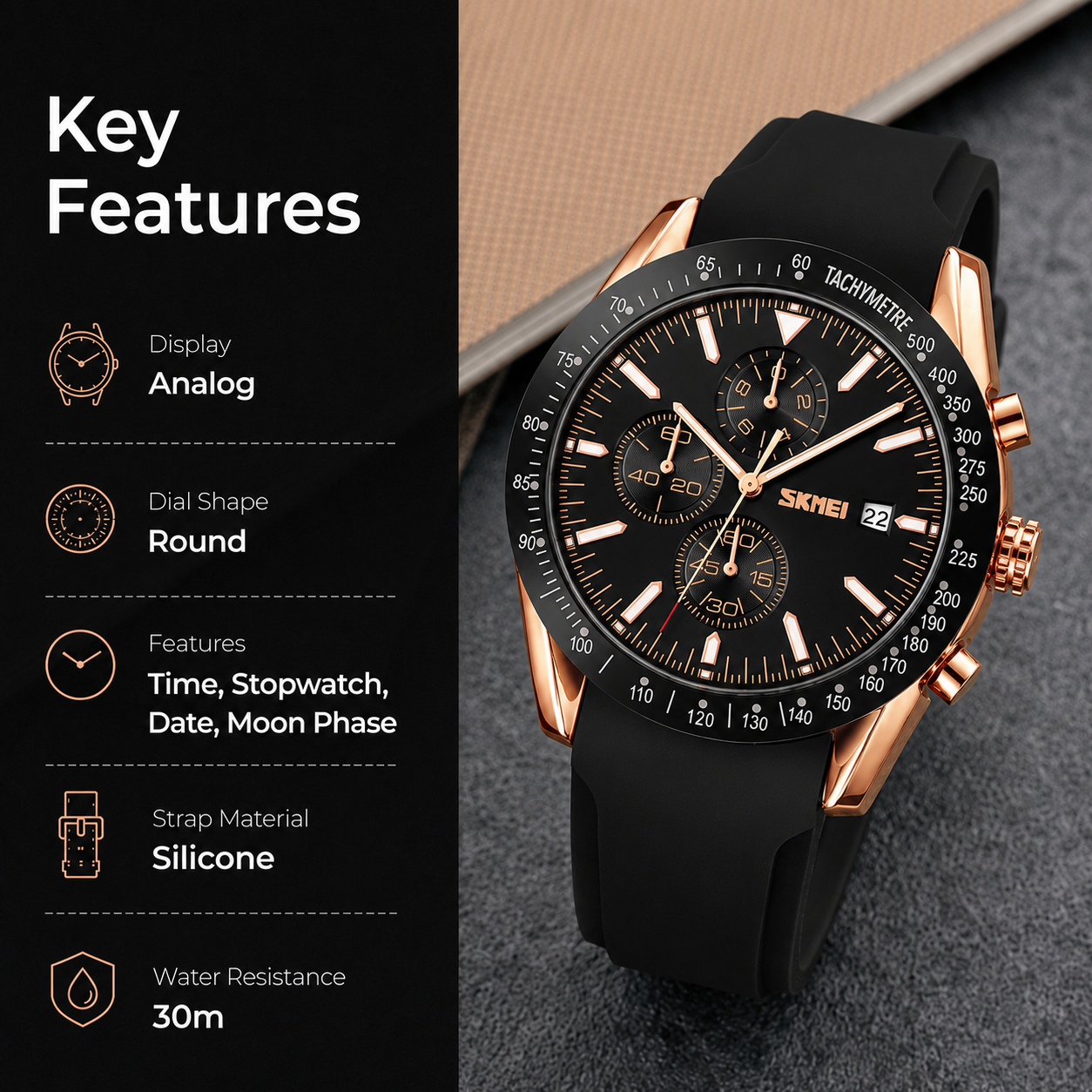 Sporty Analog Chronograph Wrist Watch with Flexible Strap For Men