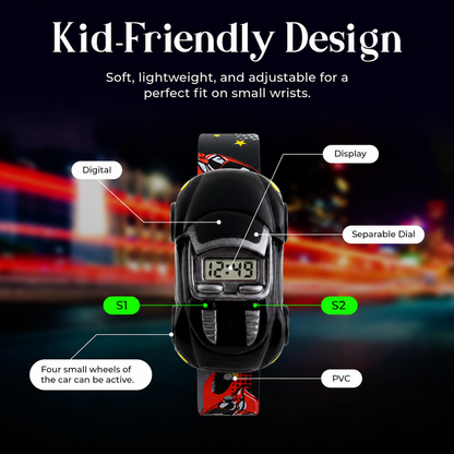Kids Digital Wrist Watch with Racing Car Design and Soft Strap