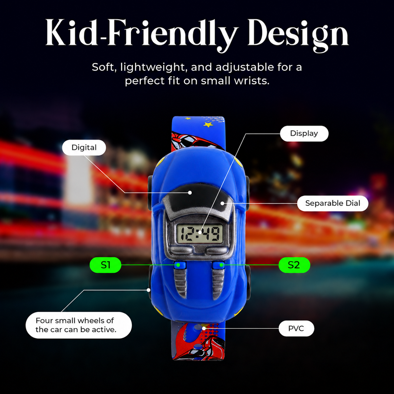 Kids Digital Wrist Watch with Racing Car Design and Soft Strap