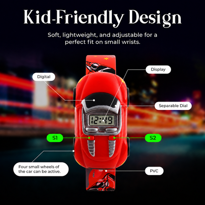 Kids Digital Wrist Watch with Racing Car Design and Soft Strap