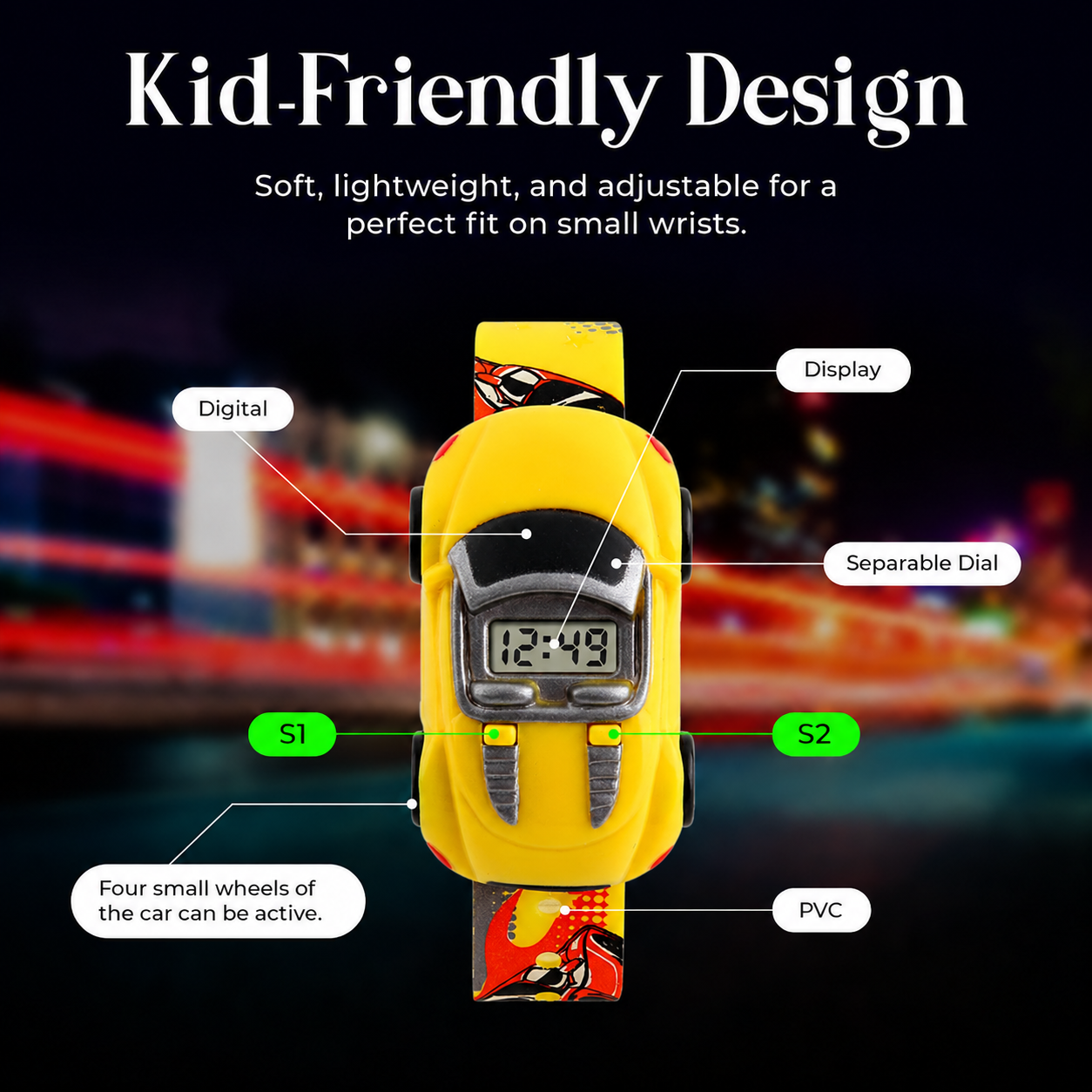 Kids Digital Wrist Watch with Racing Car Design and Soft Strap