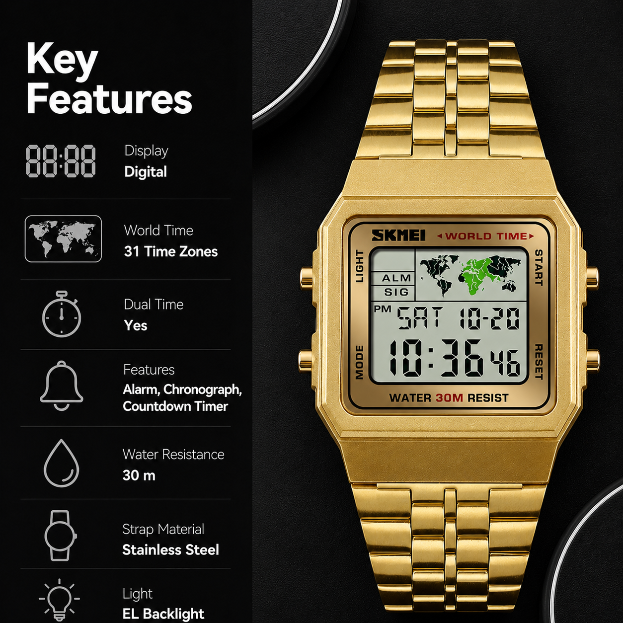 Vintage Digital Wrist Watch with Metal Strap and World Time Display For Men