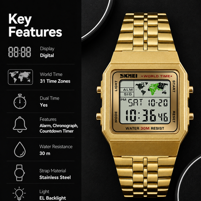 Vintage Digital Wrist Watch with Metal Strap and World Time Display For Men