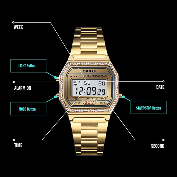 Digital Watch with Backlit Display Stainless Steel Belt Unisex Watch - 1474