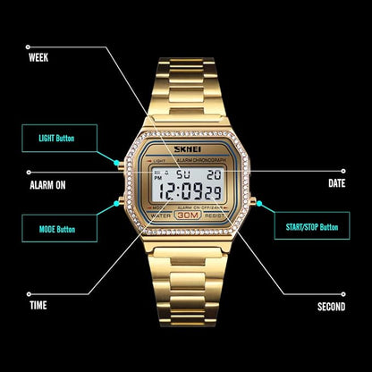 Digital Watch with Backlit Display Stainless Steel Belt Unisex Watch - 1474