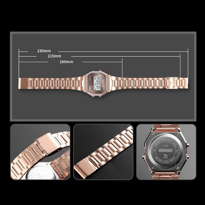 Digital Watch with Backlit Display Stainless Steel Belt Unisex Watch - 1474