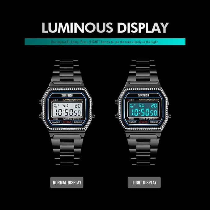 Digital Watch with Backlit Display Stainless Steel Belt Unisex Watch - 1474