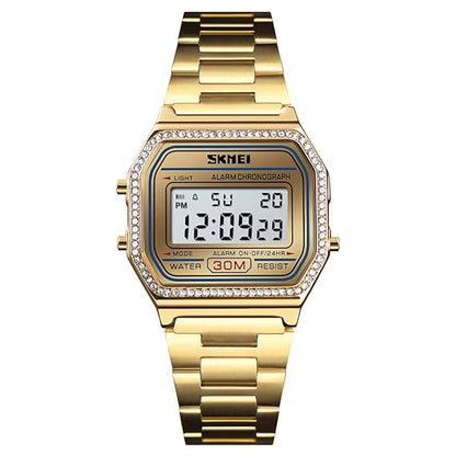 Digital Watch with Backlit Display Stainless Steel Belt Unisex Watch - 1474