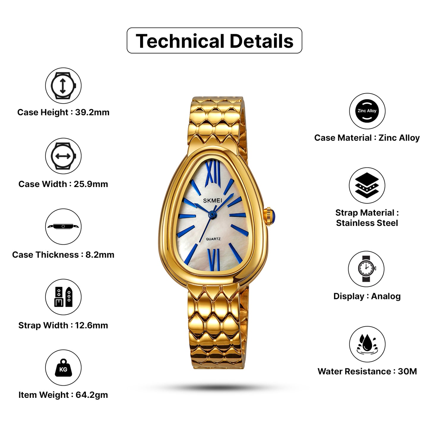 Skmei Quartz Analog Dial Stainless Steel Strap Watch for Women - 2332