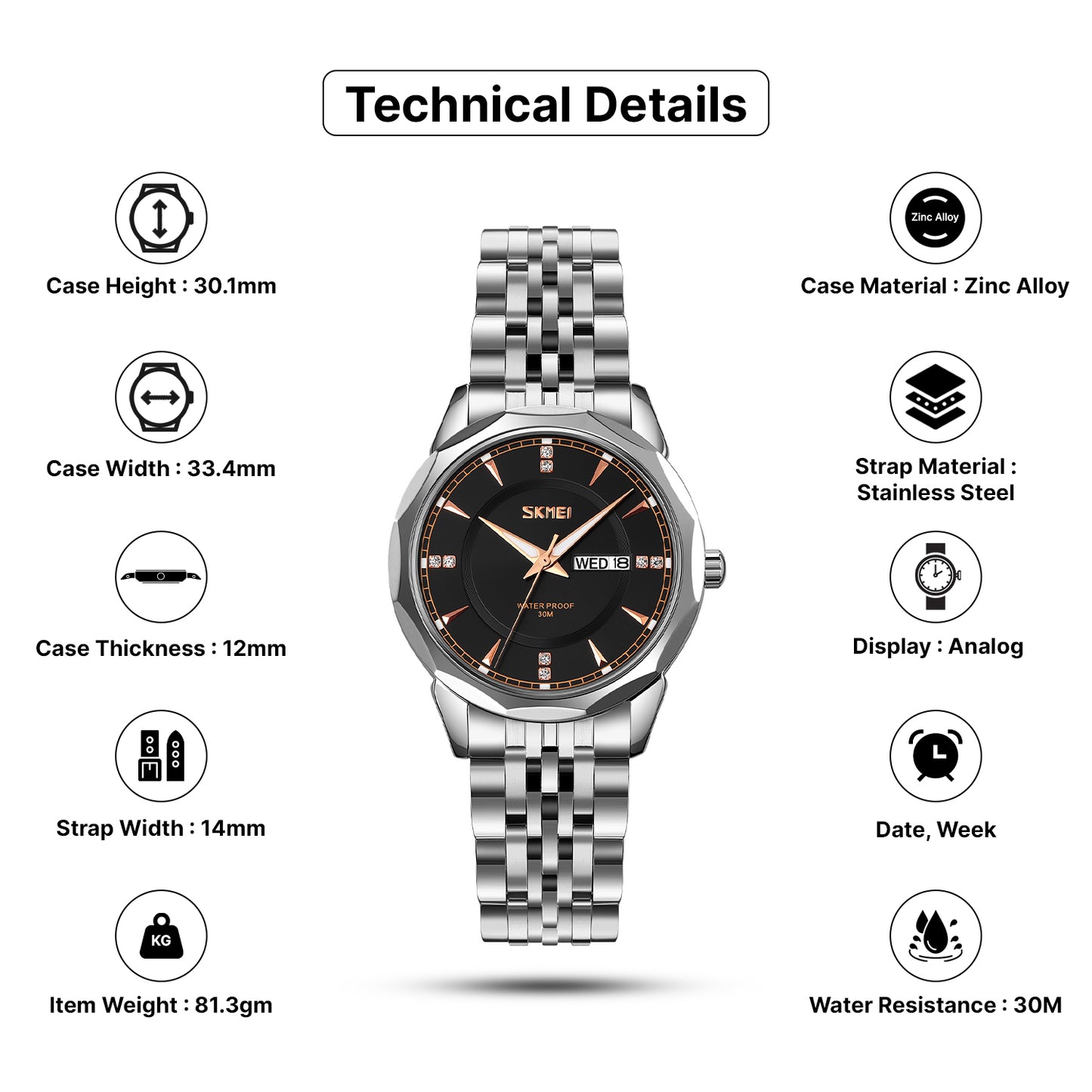 Skmei Quartz Analog Dial Stainless Steel Strap Watch for Women - 9264