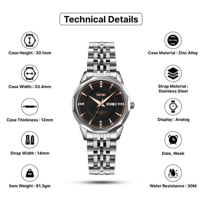 Skmei Quartz Analog Dial Stainless Steel Strap Watch for Women - 9264