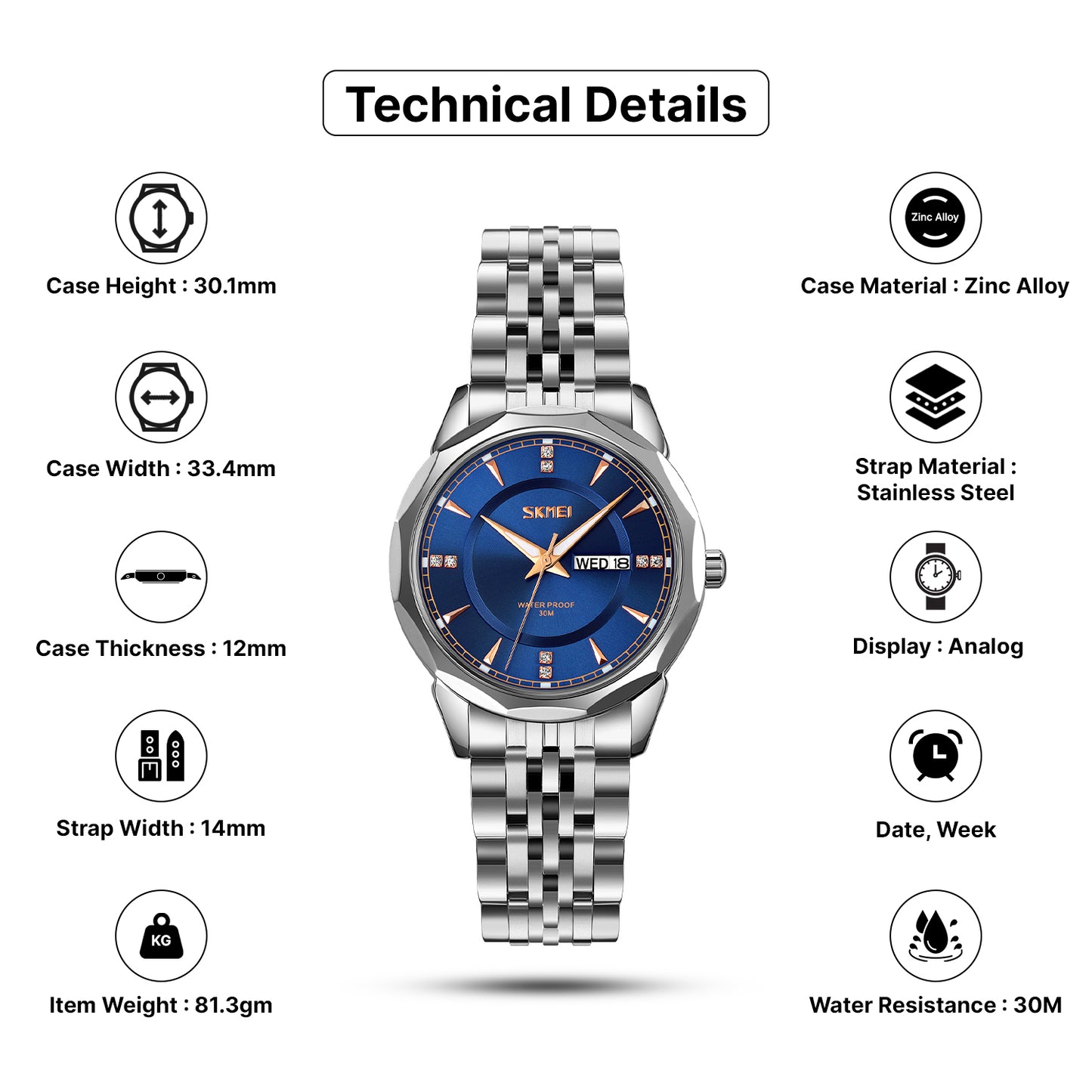 Skmei Quartz Analog Dial Stainless Steel Strap Watch for Women - 9264