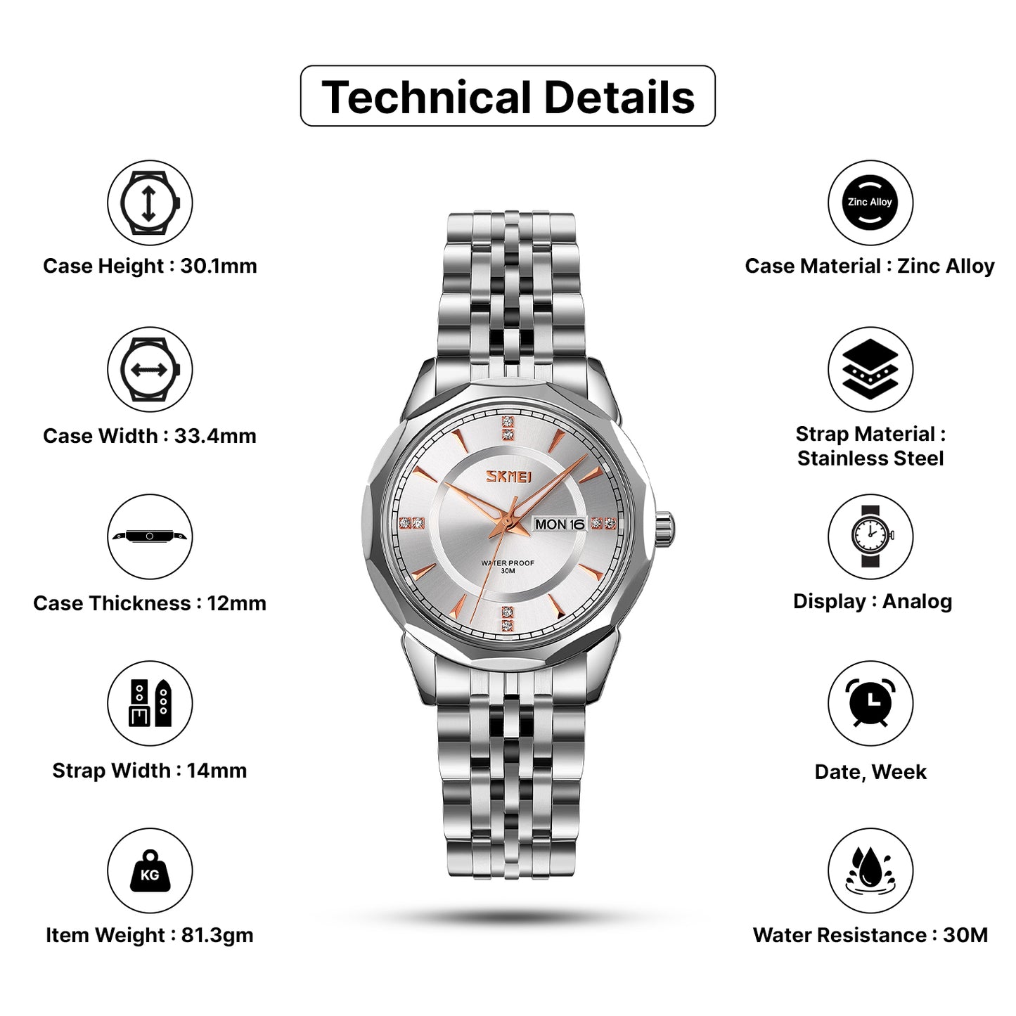 Skmei Quartz Analog Dial Stainless Steel Strap Watch for Women - 9264