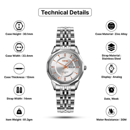Skmei Quartz Analog Dial Stainless Steel Strap Watch for Women - 9264