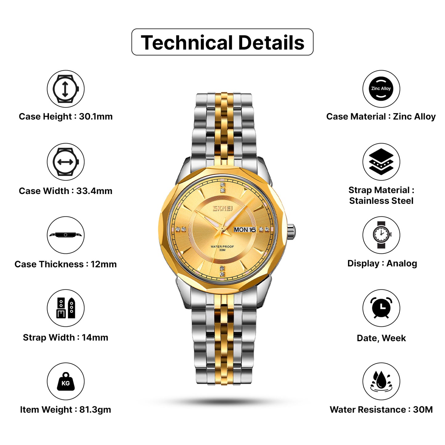 Skmei Quartz Analog Dial Stainless Steel Strap Watch for Women - 9264