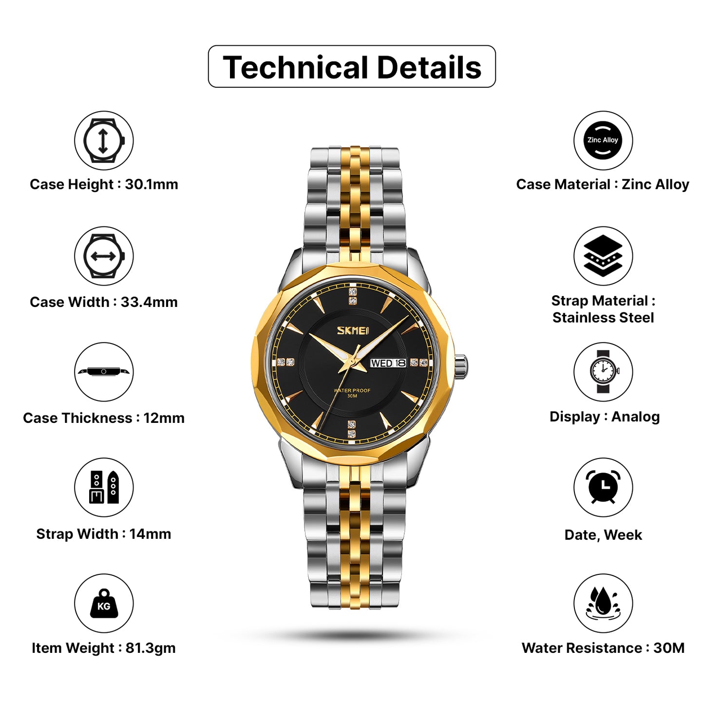 Skmei Quartz Analog Dial Stainless Steel Strap Watch for Women - 9264