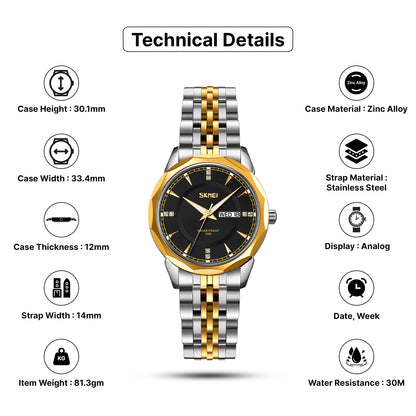 Skmei Quartz Analog Dial Stainless Steel Strap Watch for Women - 9264