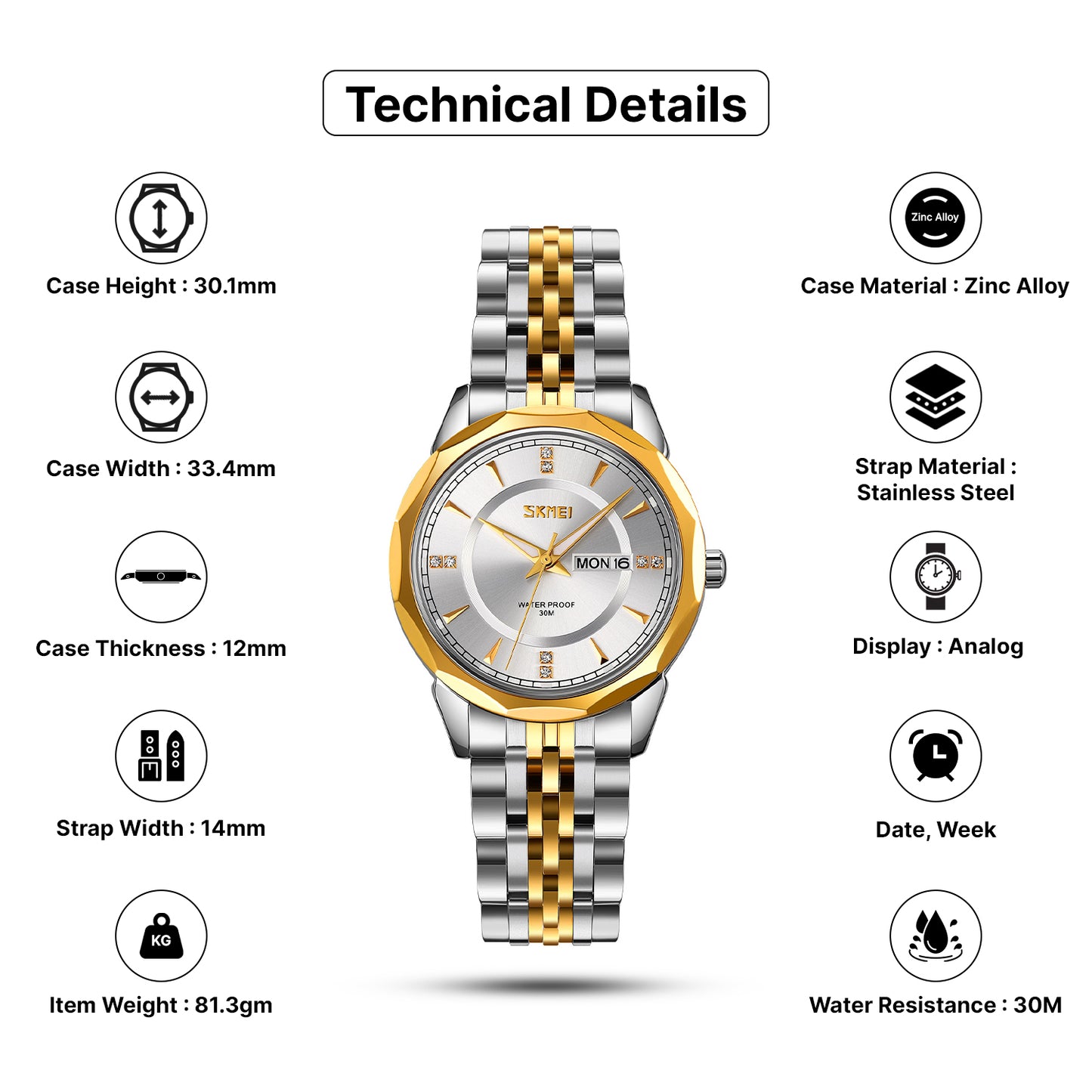 Skmei Quartz Analog Dial Stainless Steel Strap Watch for Women - 9264