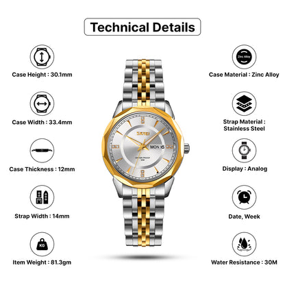 Skmei Quartz Analog Dial Stainless Steel Strap Watch for Women - 9264