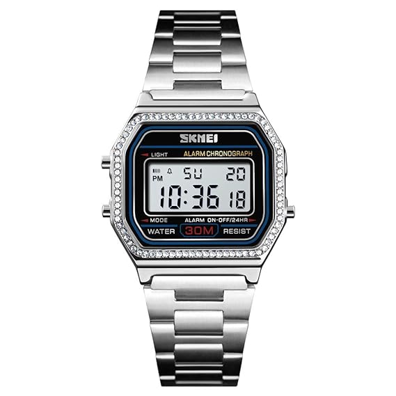 Digital Watch with Backlit Display Stainless Steel Belt Unisex Watch - 1474