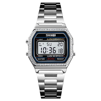 Digital Watch with Backlit Display Stainless Steel Belt Unisex Watch - 1474