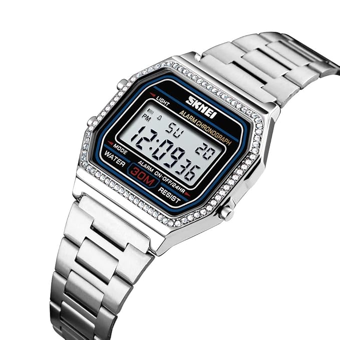 Digital Watch with Backlit Display Stainless Steel Belt Unisex Watch - 1474