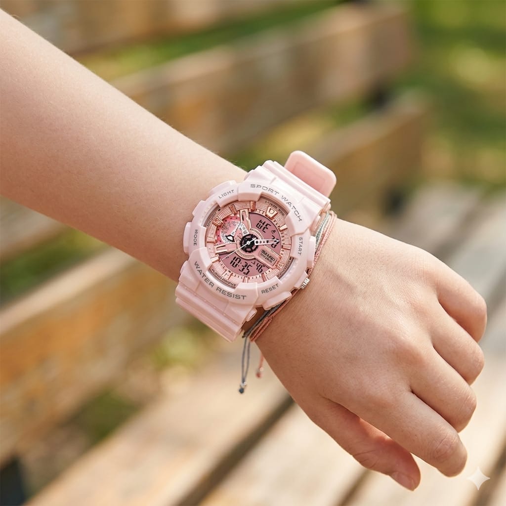 Resin Pink Dial Analogue Digital Men Watch Pink Band