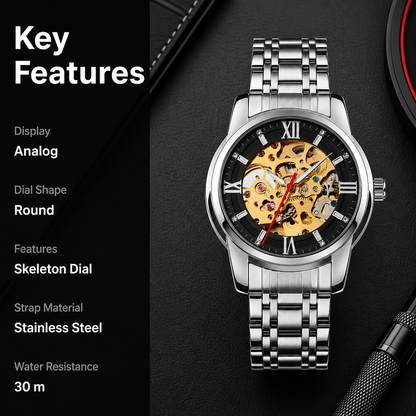 Luxury Skeleton Automatic Watch for Men Black Stainless Steel Strap, Blue Dial with Roman Numerals, Transparent Mechanical Design