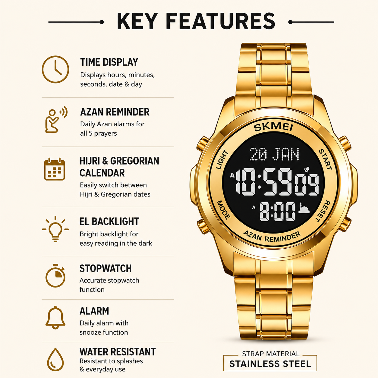 Digital Watch with Stainless Steel Strap for men