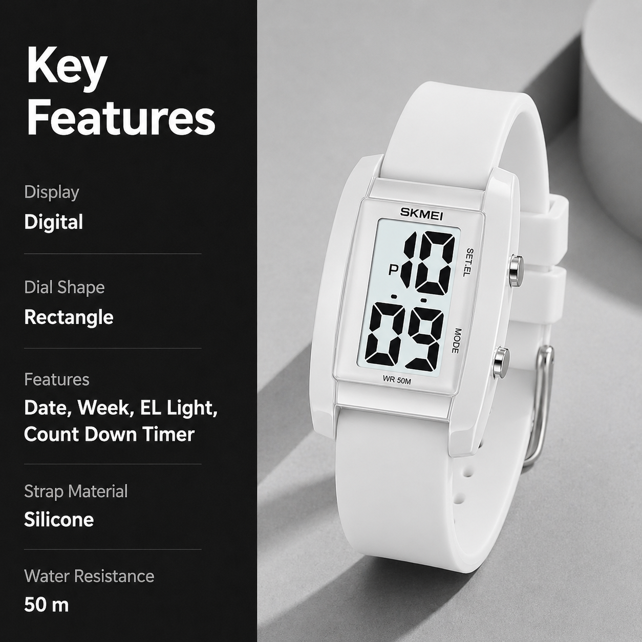 Digital Watch for Men LED Display, Rectangle Dial, Waterproof Sports Watch with Silicone Strap