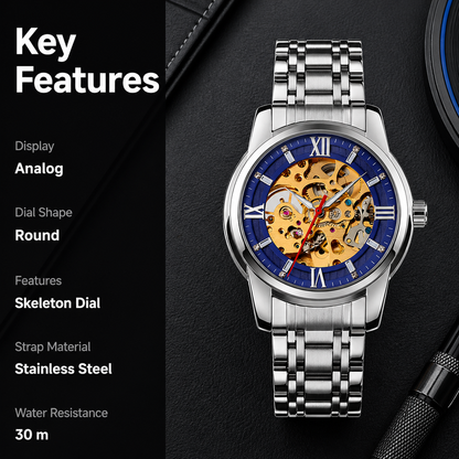 Luxury Skeleton Automatic Watch for Men Black Stainless Steel Strap, Blue Dial with Roman Numerals, Transparent Mechanical Design