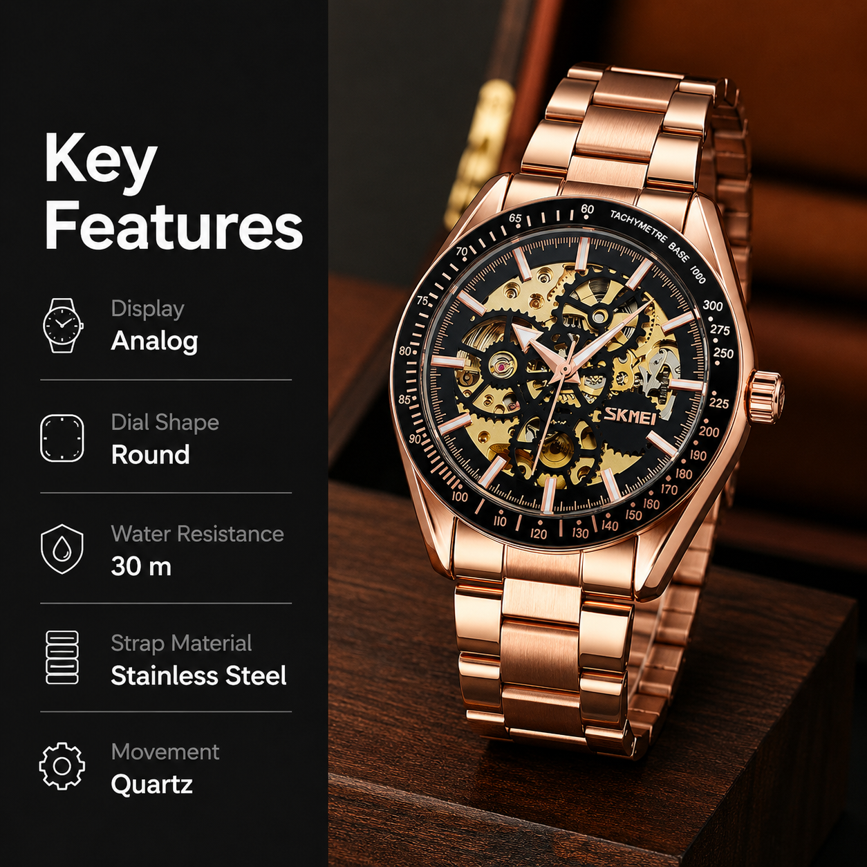 Luxury Skeleton Analog Wrist Watch with Metal Strap For Men