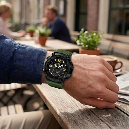 Premium Analog Digital Sports Watch for Men with Dual Time LED Display Alarm and Rugged Design