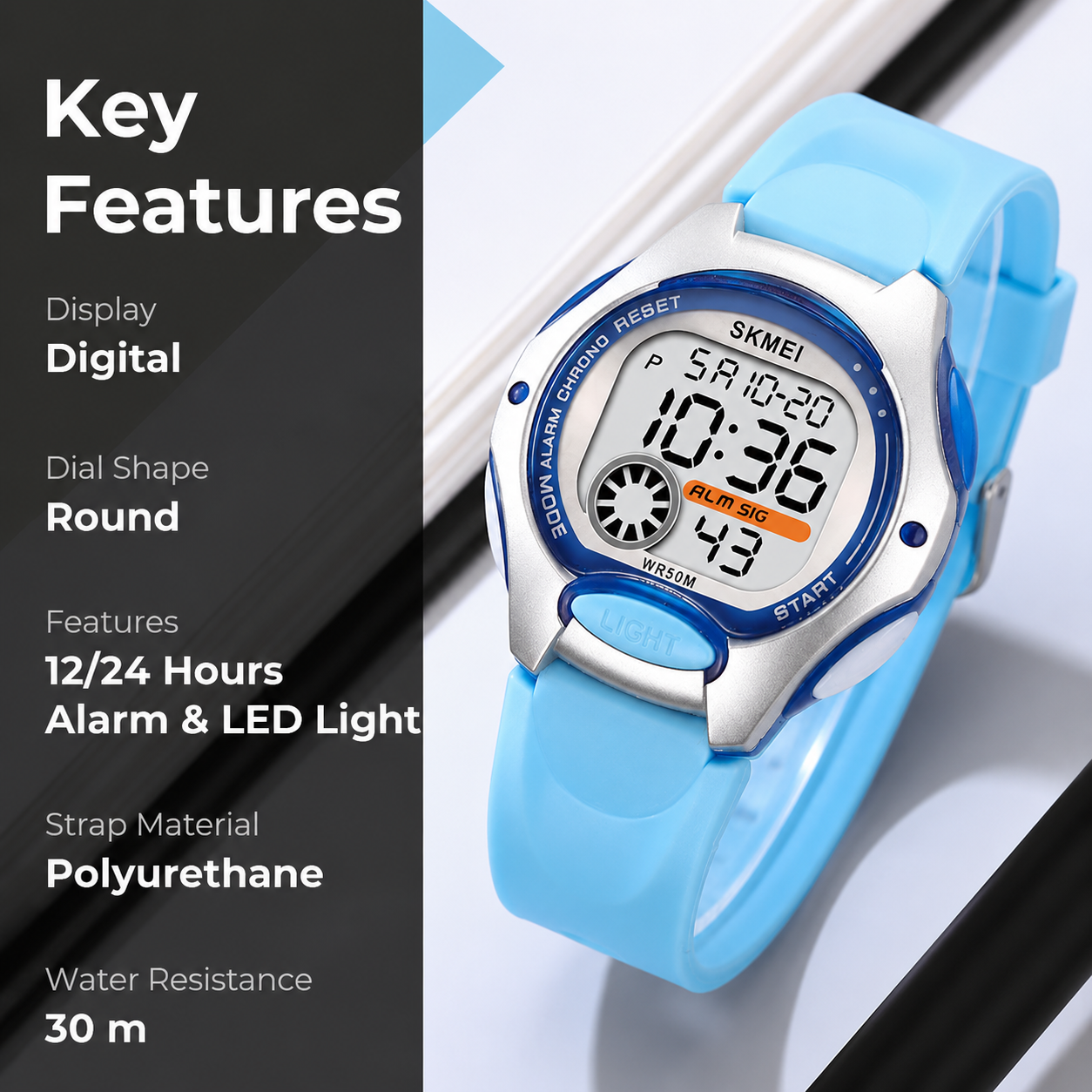 Digital Watch for Kids with Sky Blue Silicone Strap and Round Dial for Casual & Formal Wear