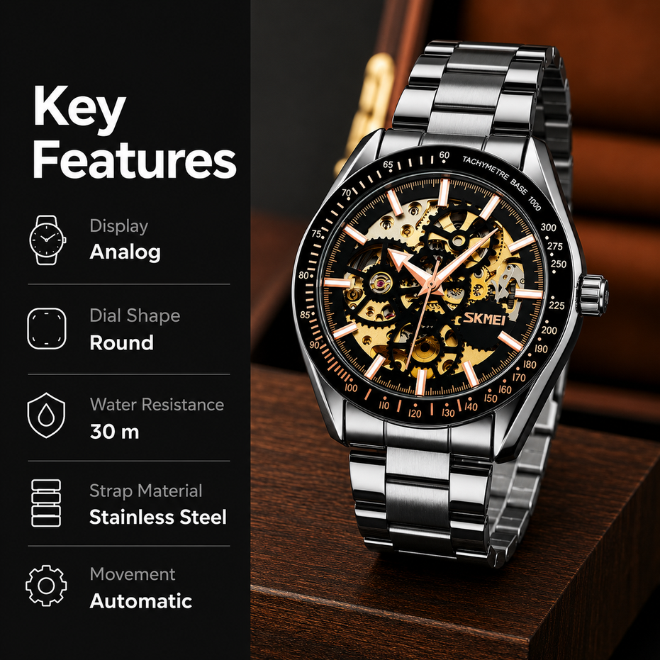 Automatic Watch for Men with Black Stainless Steel Strap and Round Dial for Casual & Formal Wear