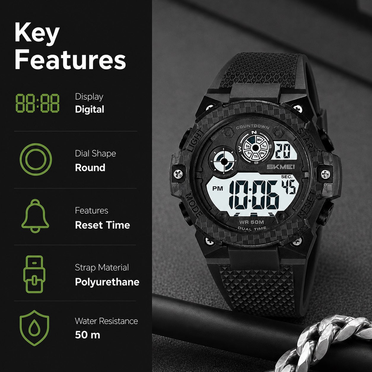 Rugged Digital Sports Watch with Textured Strap for men