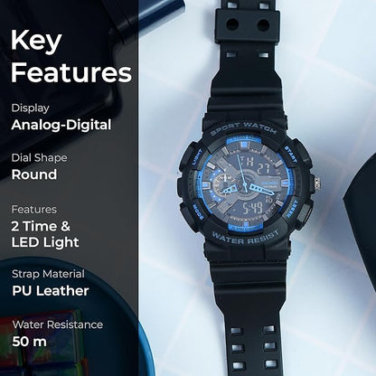 Analog-Digital Sports Watch Multifunction LED Display Alarm, Stopwatch, Day-Date Water Resistant Durable Watch for Boys & Girls