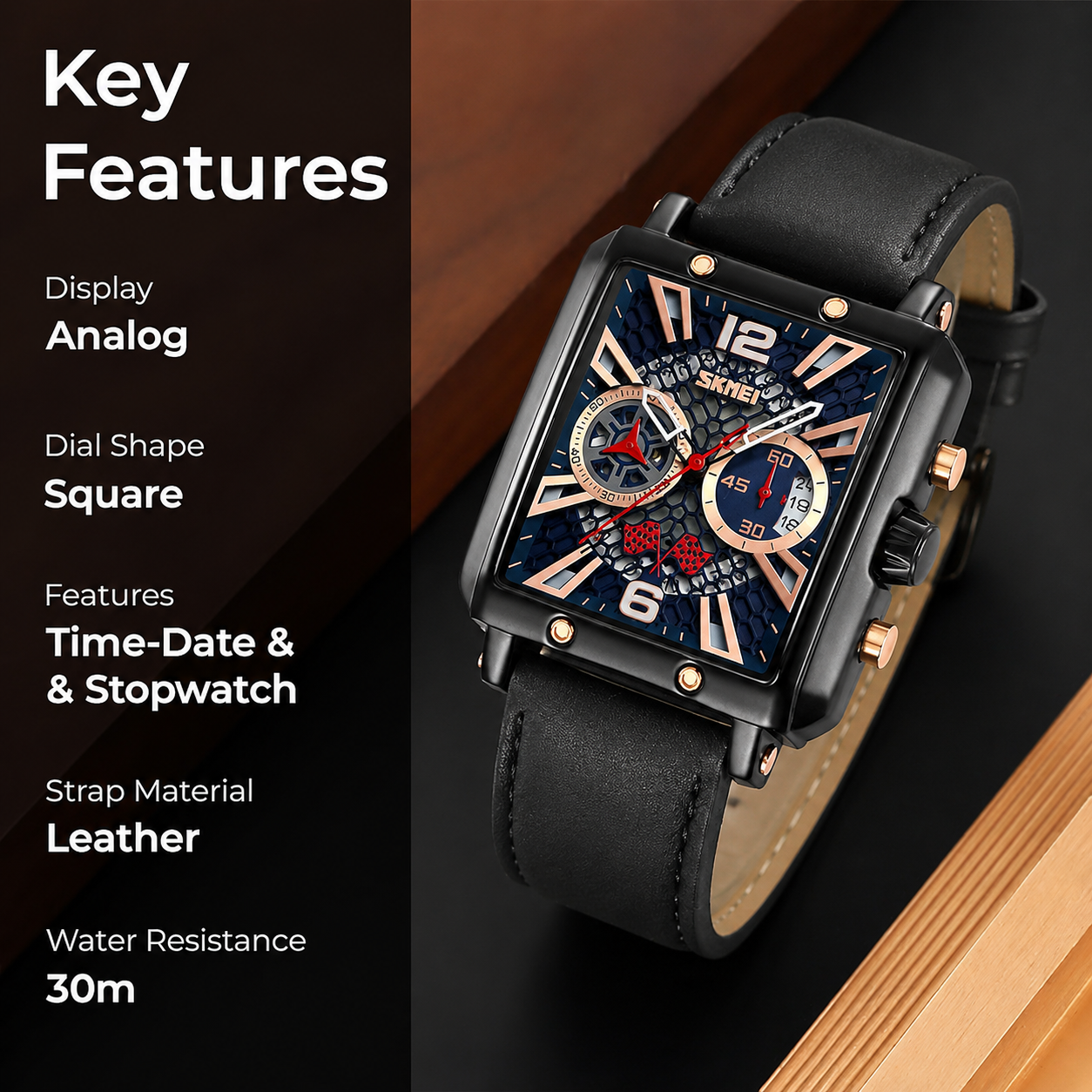 Square Dial Analog Wrist Watch for men