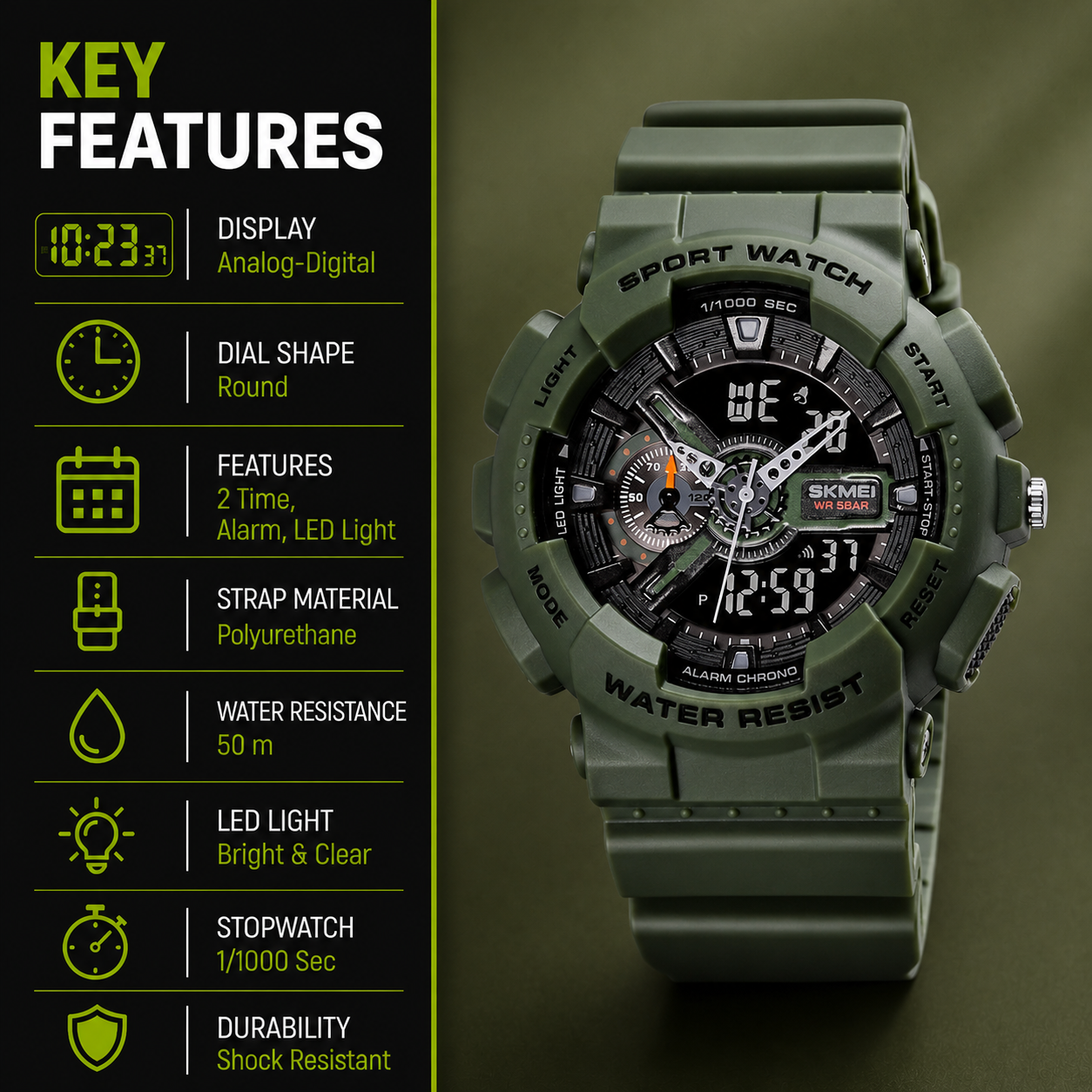Analog-Digital Sports Watch Multifunction LED Display Alarm, Stopwatch, Day-Date Water Resistant Durable Watch for Boys & Girls
