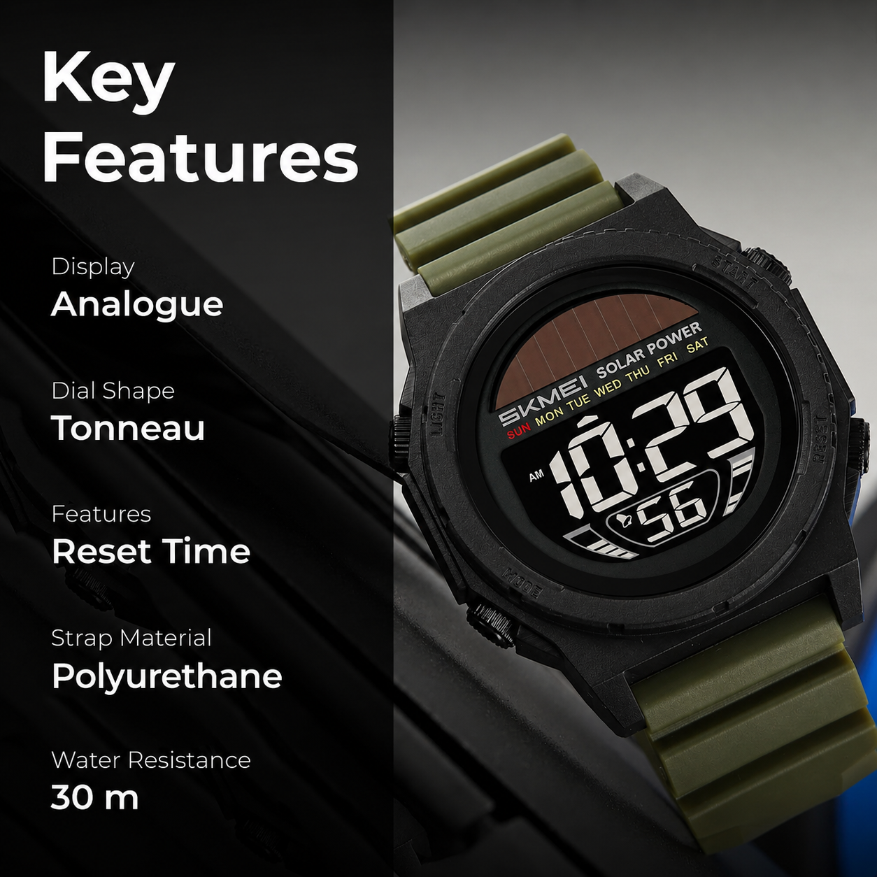 Solar Powered Digital Sports Watch with Silicone Strap for men