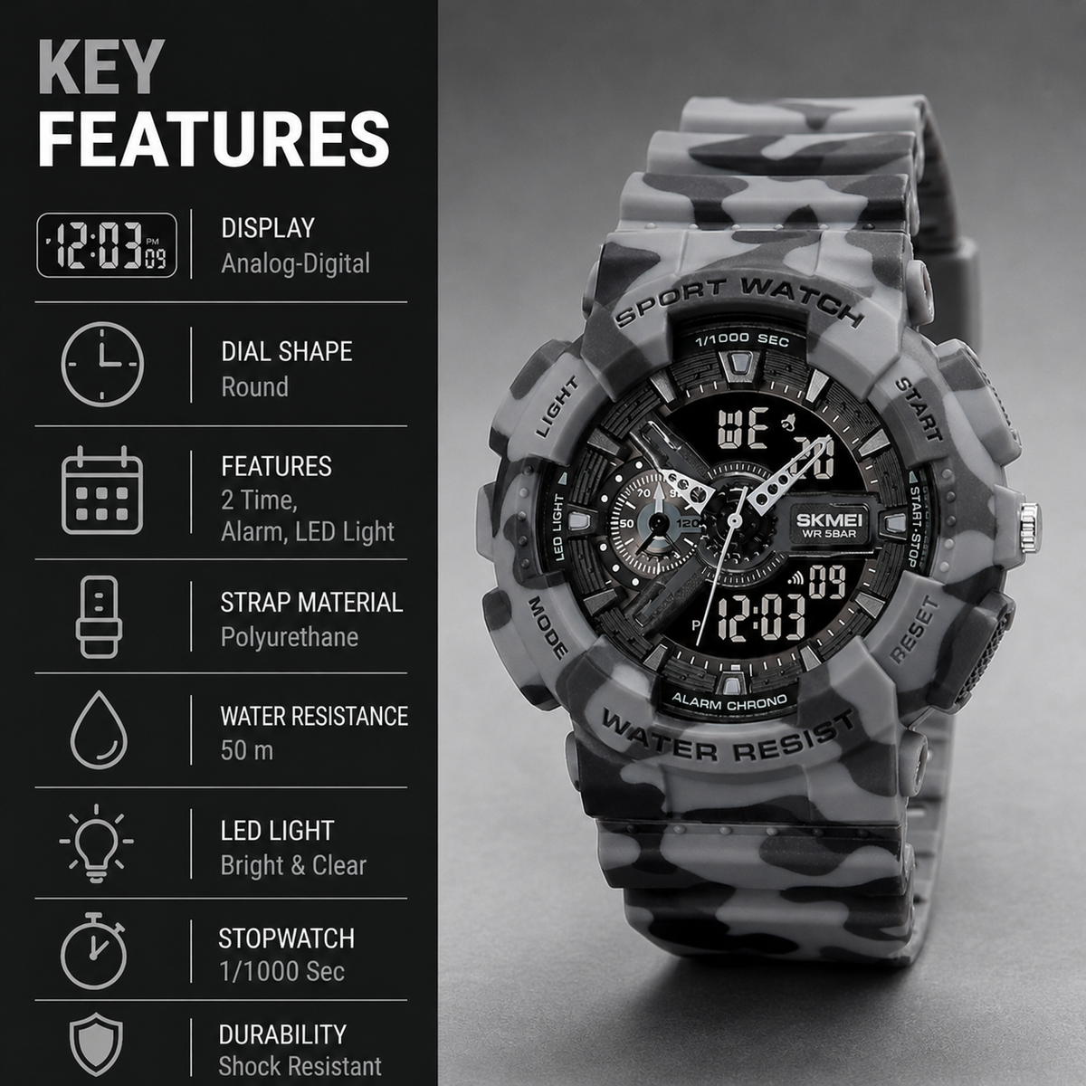 Analog-Digital Watch for Men with Grey Camoflage Polyurethane Strap and Round Dial for Casual & Formal Wear