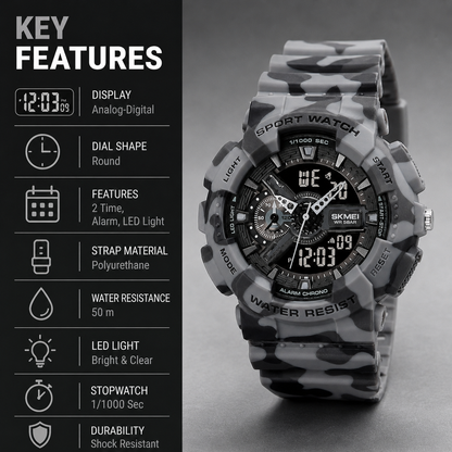 Analog-Digital Sports Watch Multifunction LED Display Alarm, Stopwatch, Day-Date Water Resistant Durable Watch for Boys & Girls