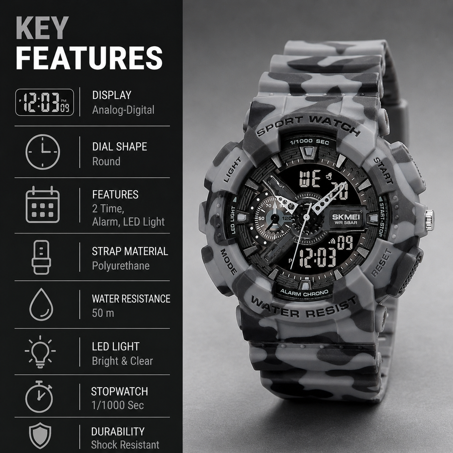Analog-Digital Watch for Men with Grey Camoflage Polyurethane Strap and Round Dial for Casual & Formal Wear