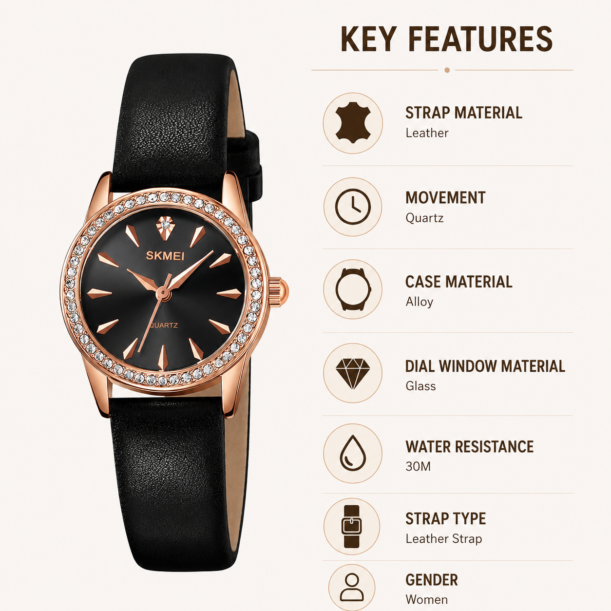 Elegant Crystal Dial Analog Wrist Watch with Leather Strap for women