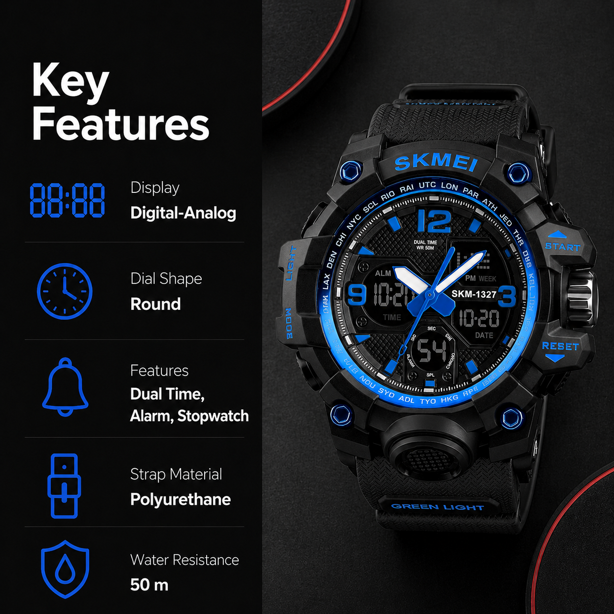 Dual Display Sports Wrist Watch with Rugged Design and Resin Strap For Men