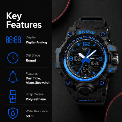 Dual Display Sports Wrist Watch with Rugged Design and Resin Strap For Men